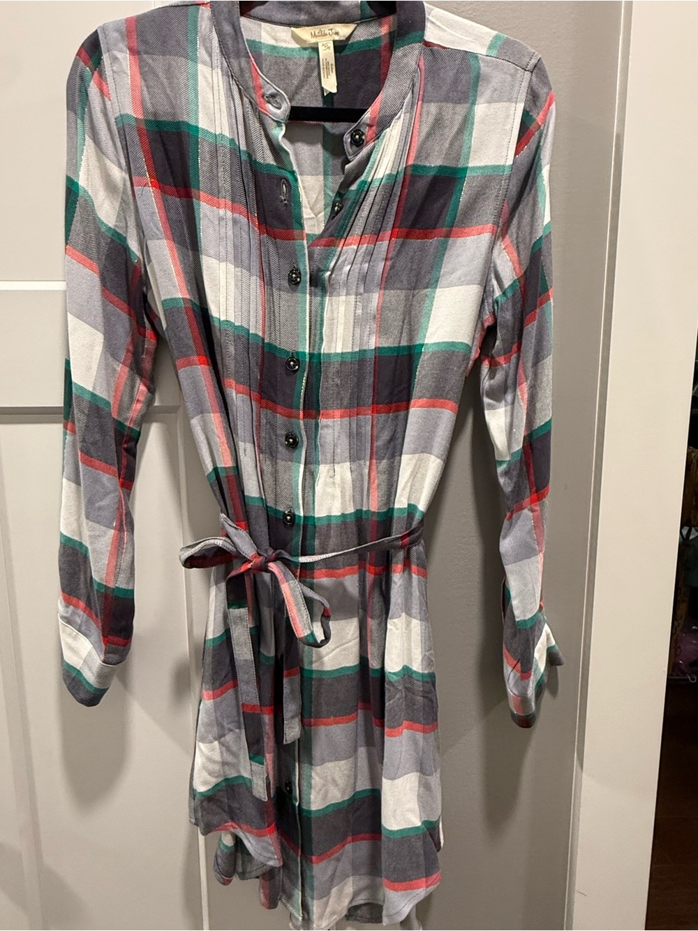 Matilda Jane Gray, White, Green, Red Plaid Long-Sleeve Shirt Dress